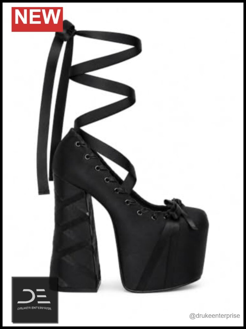 Satin Ballet Wrap Heels with Lace-Up Ribbons & Bow, Block Heel Platforms